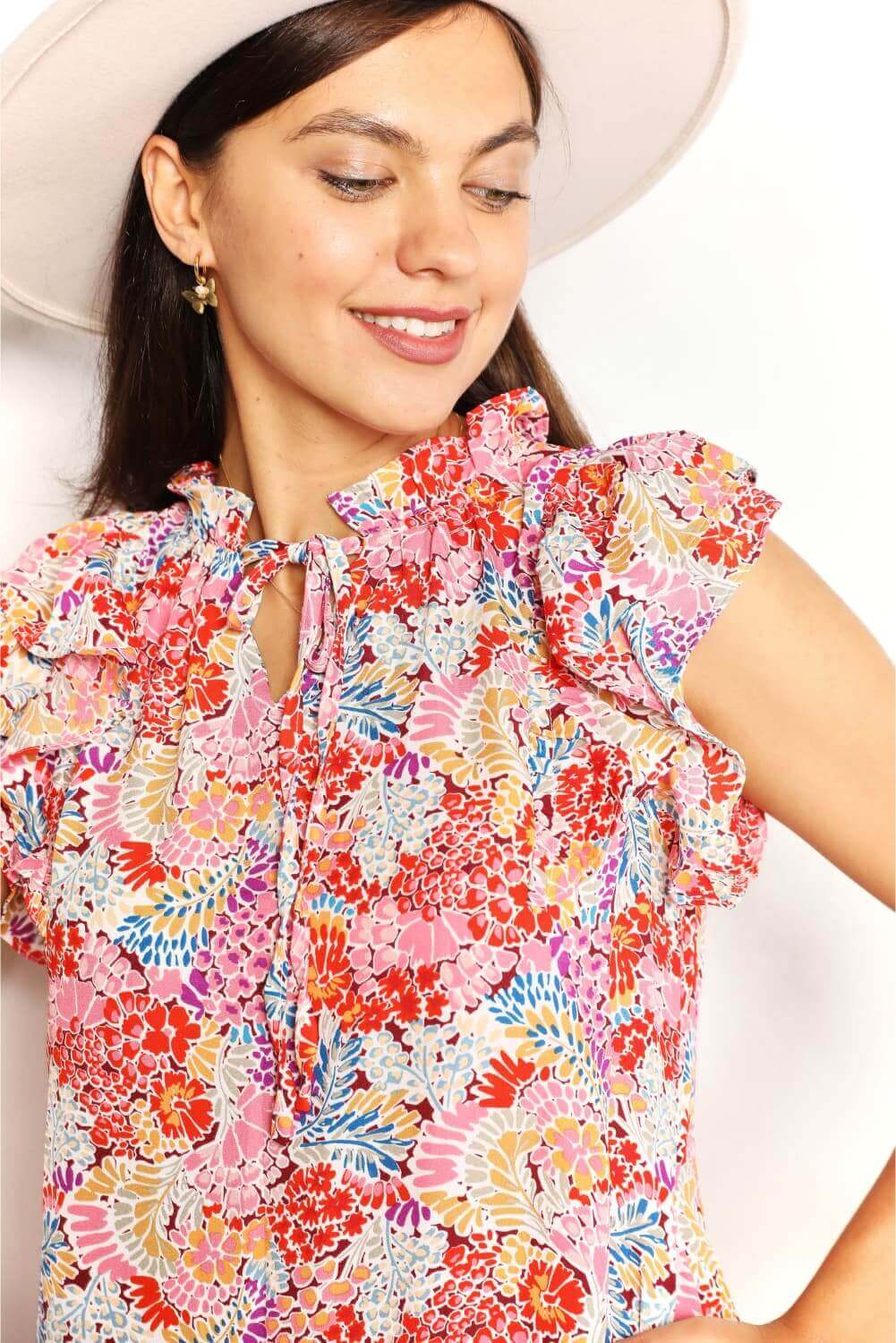 DOUBLE TAKE Floral Tie Neck Cap Sleeve Dress at Bella Road