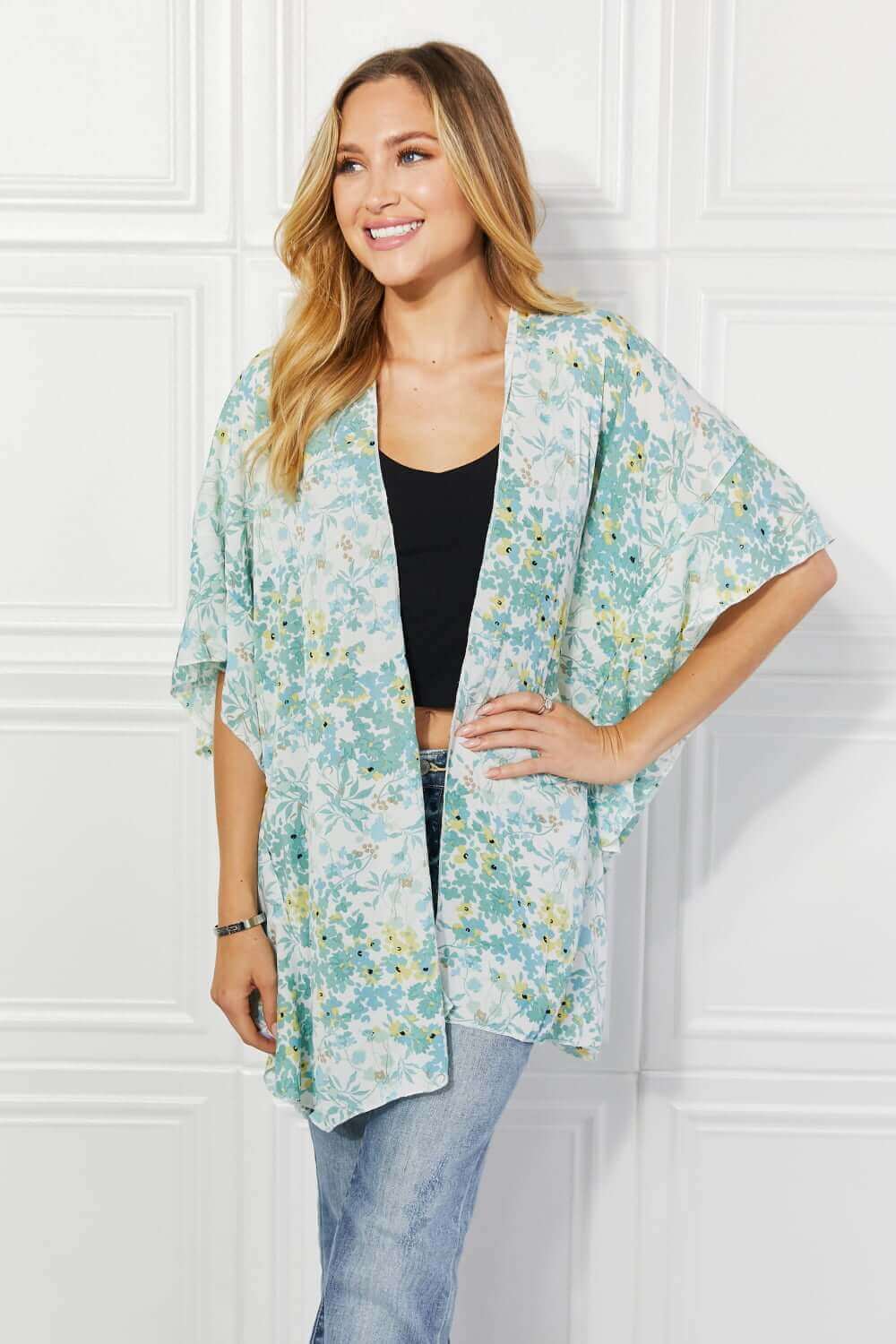 JUSTIN TAYLOR Fields of Poppy Floral Kimono in Green at Bella Road