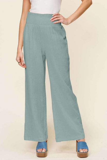 DOUBLE TAKE Full Size Texture Smocked Waist Wide Leg Pants at Bella Road