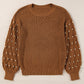 Bella Road Pearl Detail Round Neck Long Sleeve Sweater in brown with elegant pearl detailing on the sleeves.