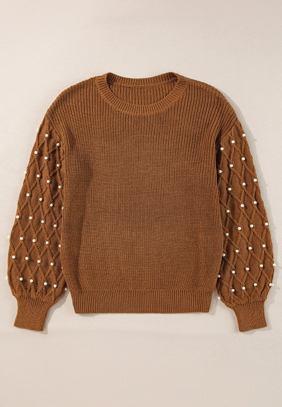 Bella Road Pearl Detail Round Neck Long Sleeve Sweater in brown with elegant pearl detailing on the sleeves.