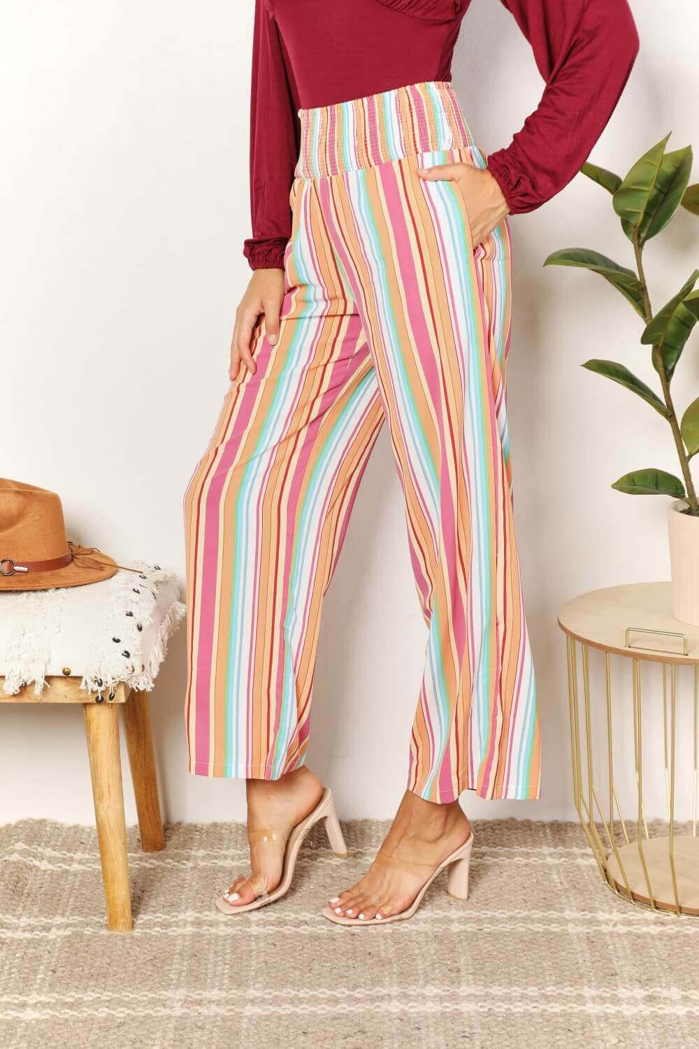 DOUBLE TAKE Striped Smocked Waist Pants with Pockets at Bella Road