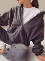 Cozy Bella Road hoodie and joggers set in dark gray, perfect for fall lounging or errands with a trendy look.