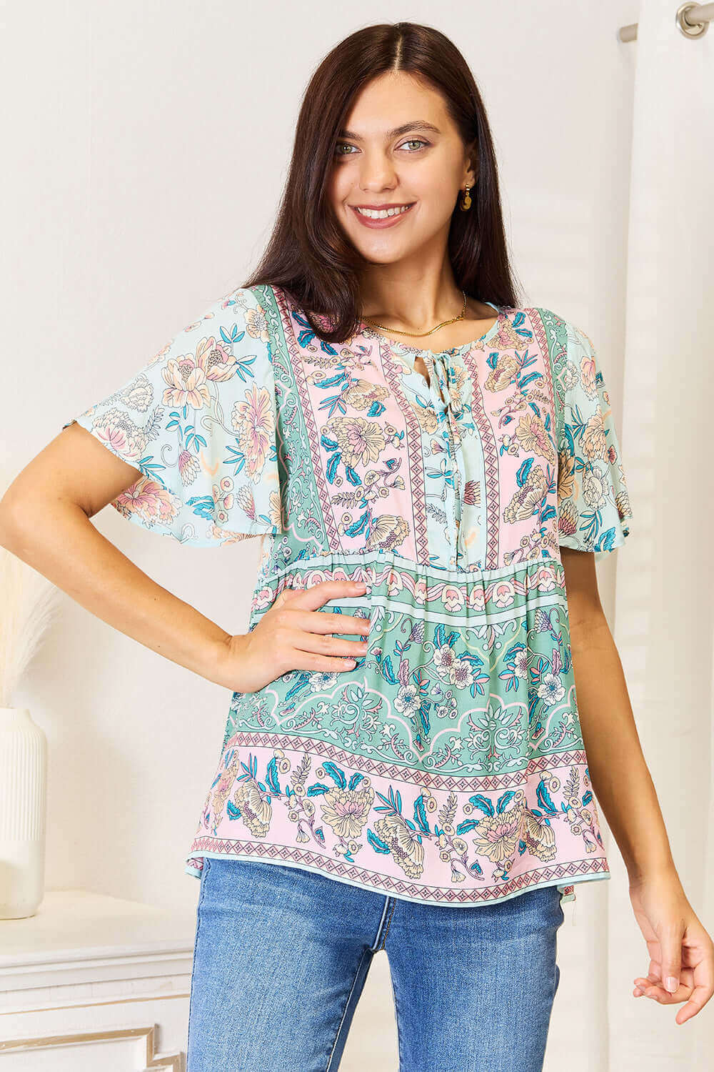 DOUBLE TAKE Floral Tie Neck Short Sleeve Blouse at Bella Road