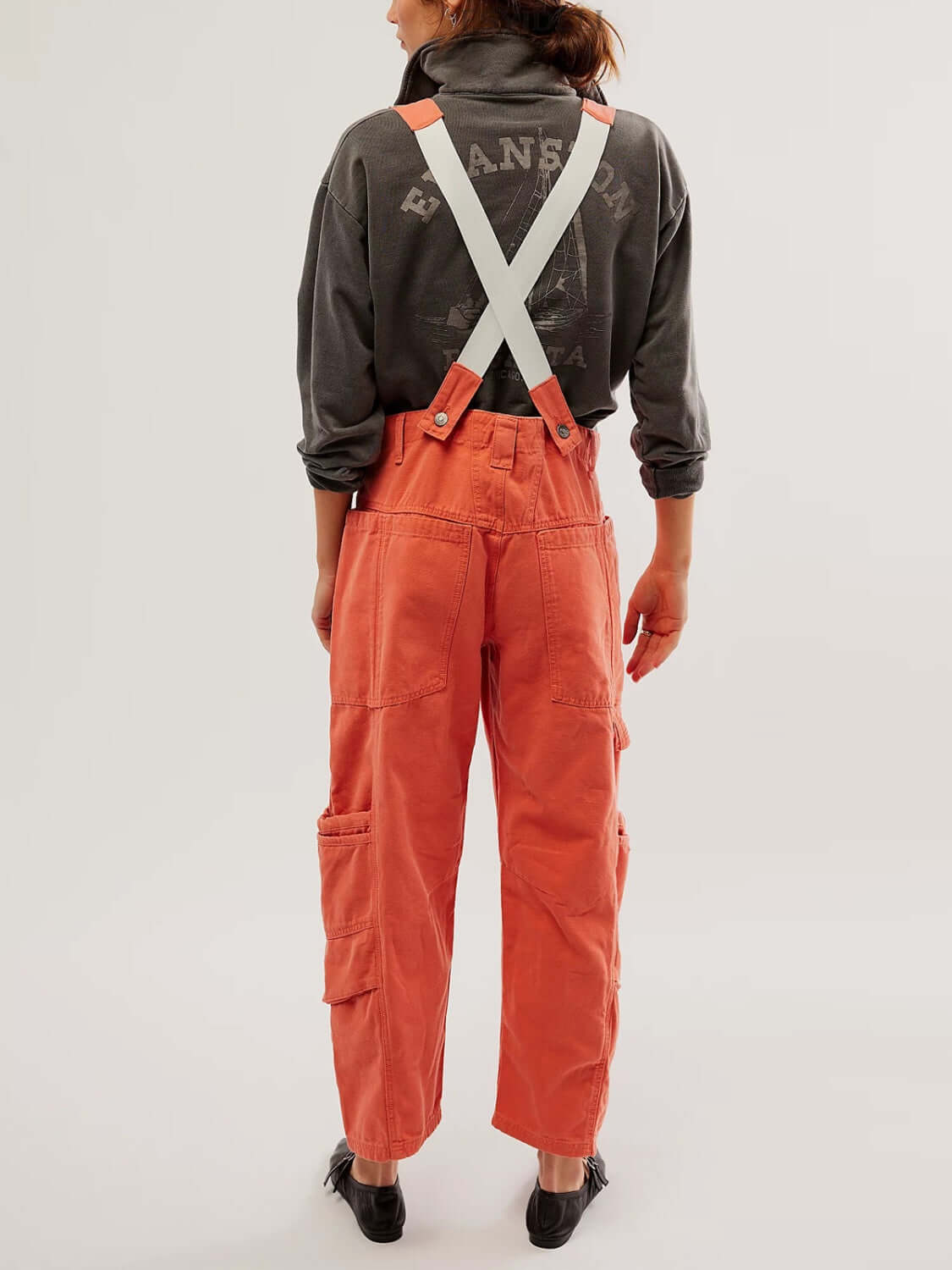 Orange Bella Road Pocketed Denim Overalls with Wide Straps, Stylish and Functional, Rear View, Perfect for Any Adventure