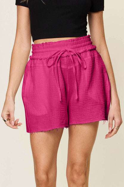 DOUBLE TAKE Full Size Texture Raw Trim Drawstring Shorts at Bella Road