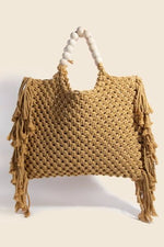 Fame Wooden Beaded Handle Braided Tote Bag with unique wooden handles and textured braiding, perfect for a boho-chic look.