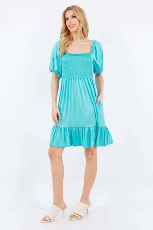 CELESTE Full Size Ruffle Hem Short Sleeve Smocked Dress at Bella Road