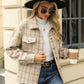 Woman wearing Bella Road Plaid Collared Neck Long Sleeve Jacket with coffee, stylish fall look