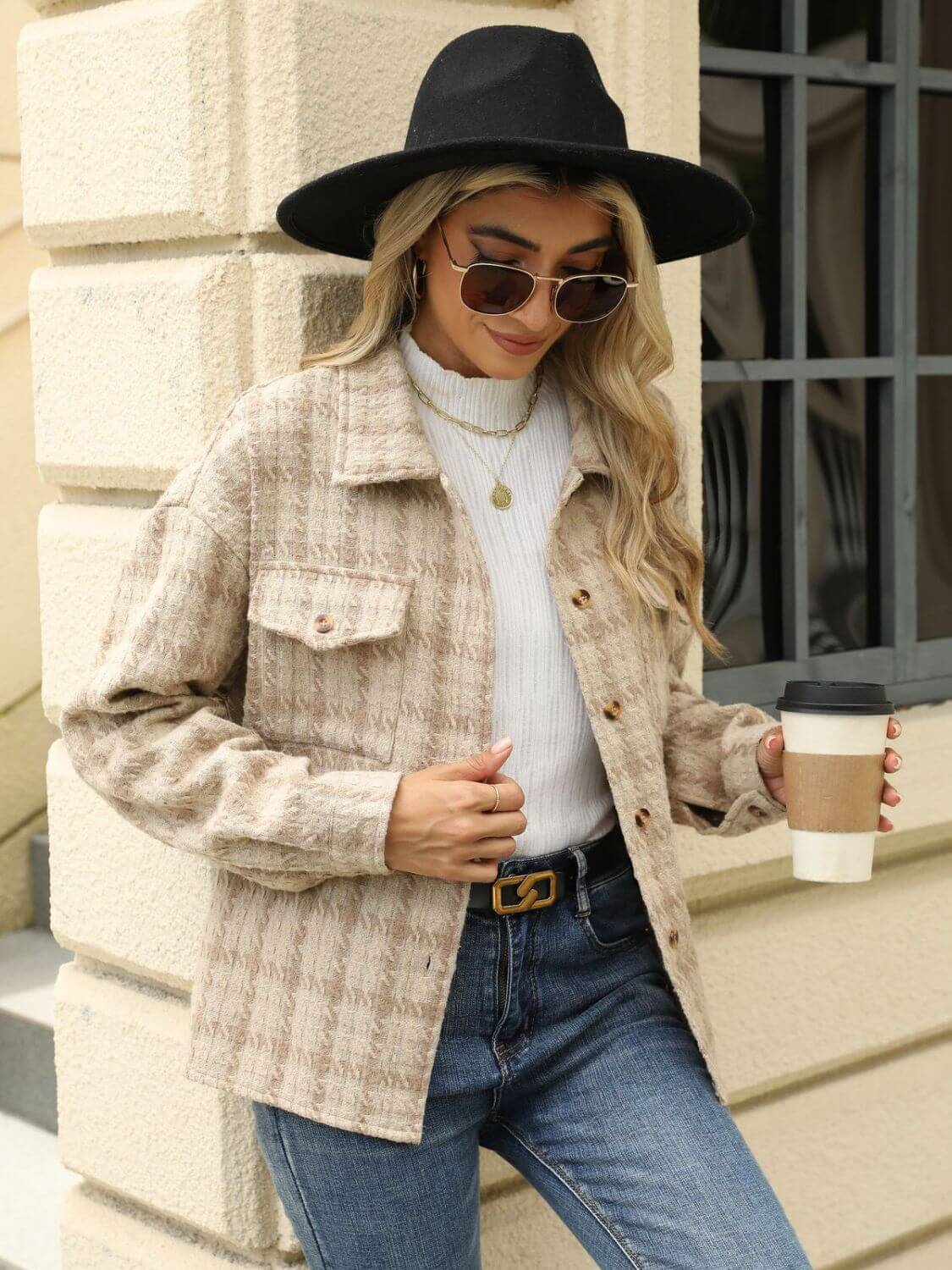 Woman wearing Bella Road Plaid Collared Neck Long Sleeve Jacket with coffee, stylish fall look