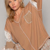 V-Neck Lace Balloon Sleeve Exposed Seam Top - Coffee