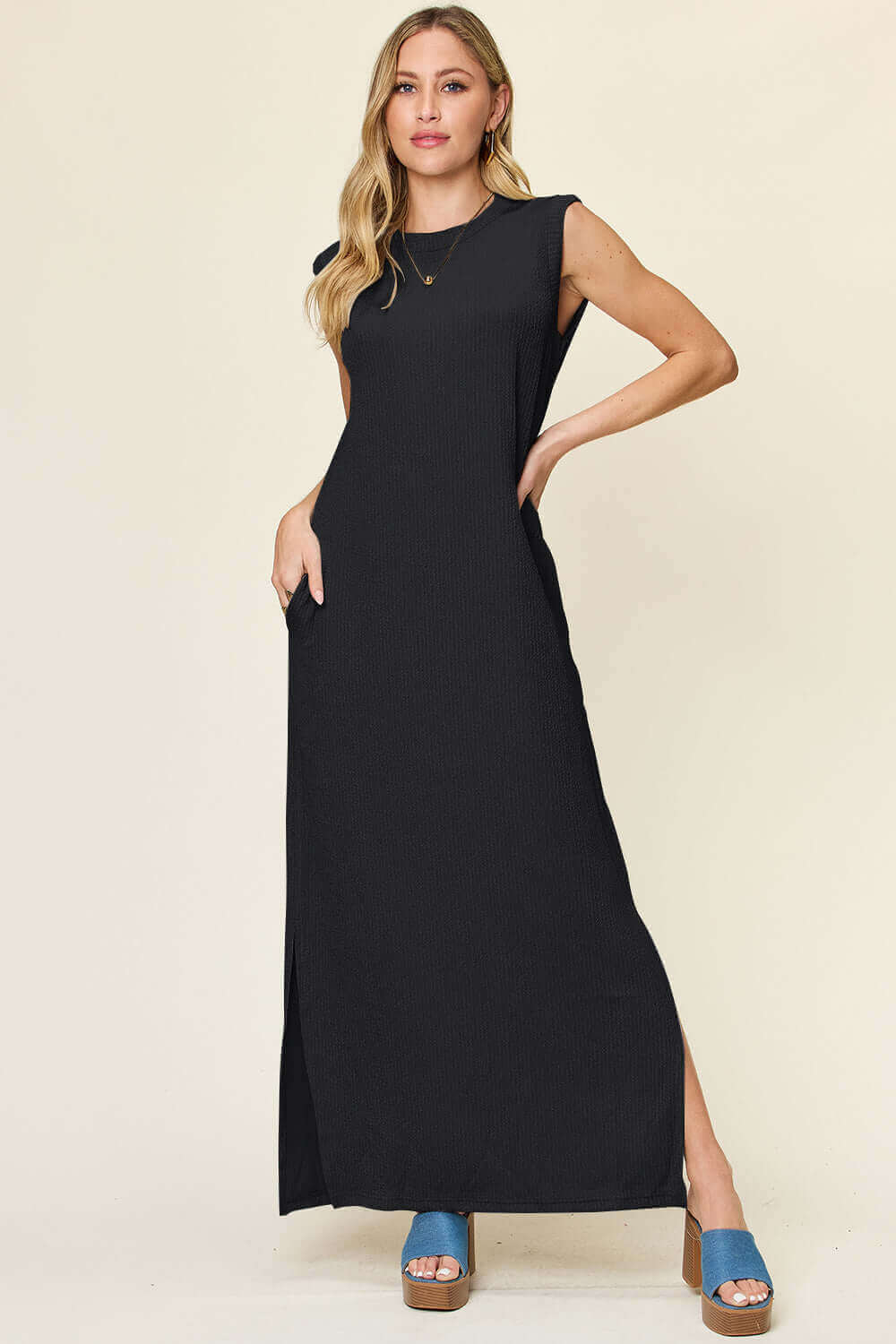 DOUBLE TAKE Full Size Texture Mock Neck Sleeveless Maxi Dress at Bella Road