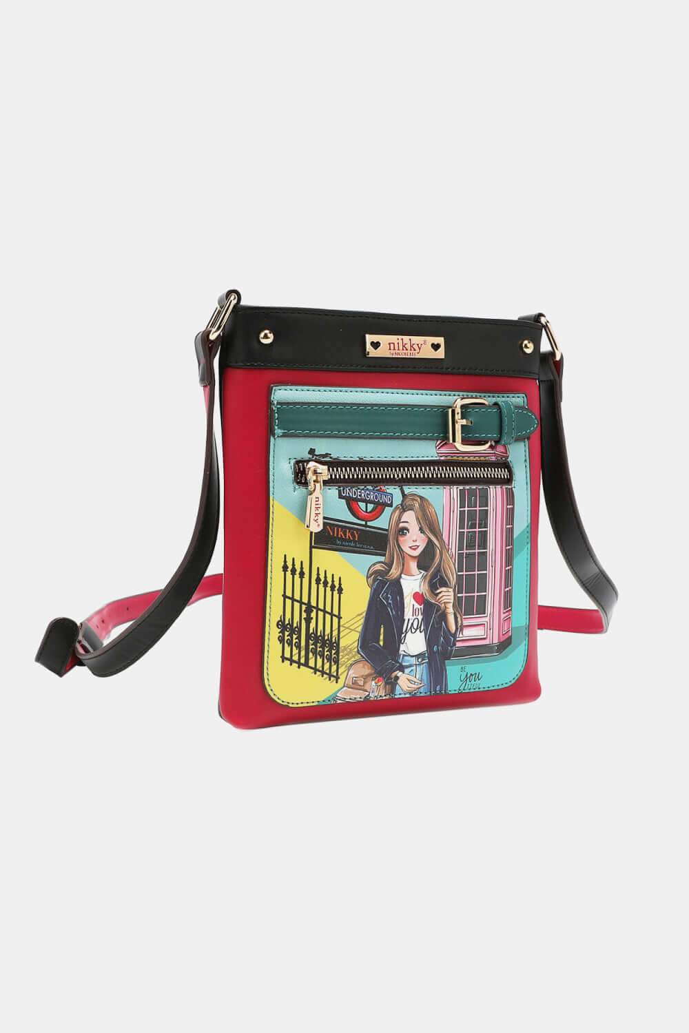 Nicole Lee USA Nikky Crossbody Bag in eco-leather with main zipper closure and colorful front pocket design.