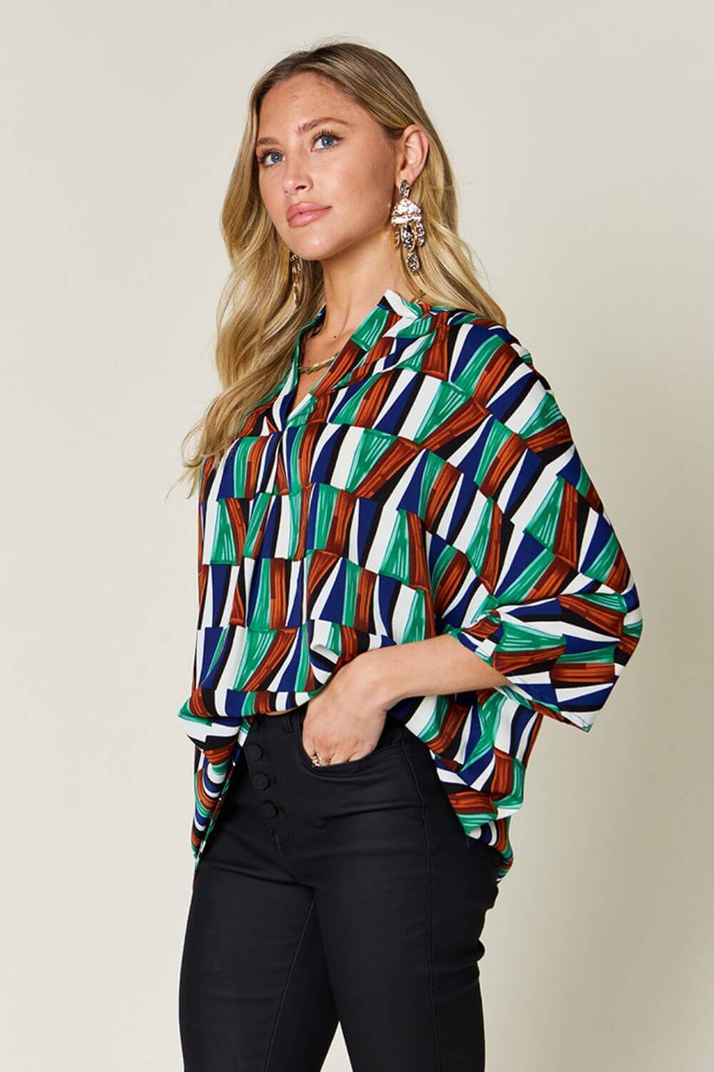 DOUBLE TAKE Full Size Geometric Notched Raglan Sleeve Blouse at Bella Road