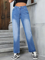 Stylish woman in Bella Road denim straight leg jeans with pockets, perfect for a chic, casual look.