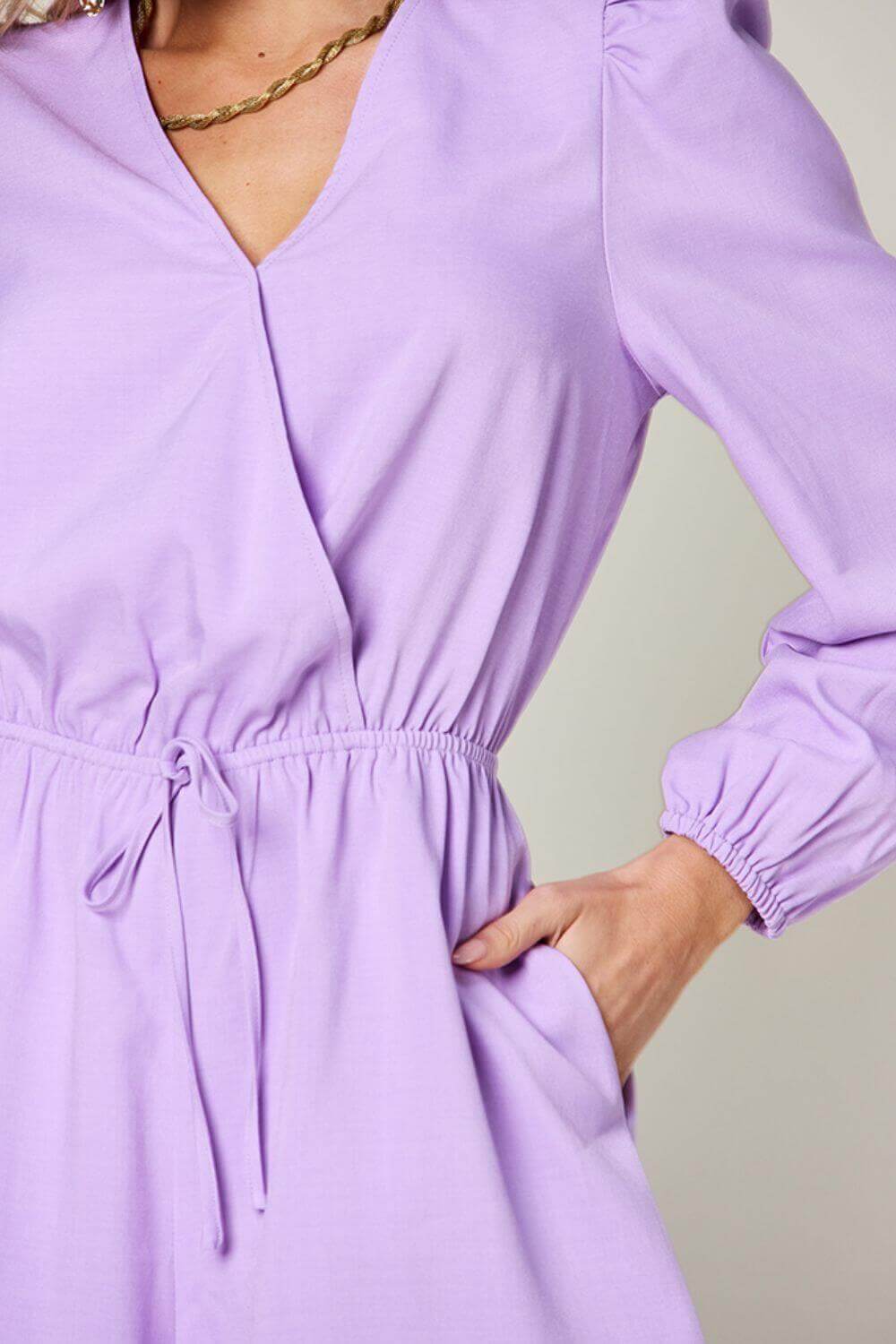 DOUBLE TAKE Full Size Drawstring Long Sleeve Romper at Bella Road