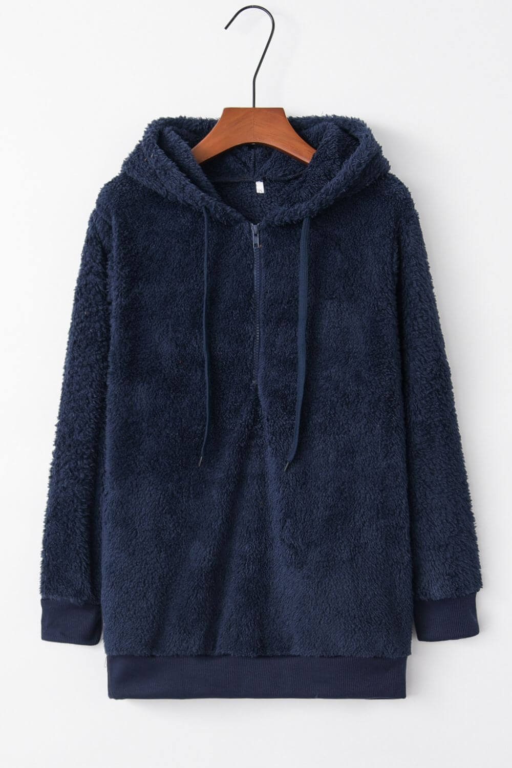 Cozy navy teddy hoodie with a quarter-zip, drawstring closure, and soft texture for ultimate comfort.