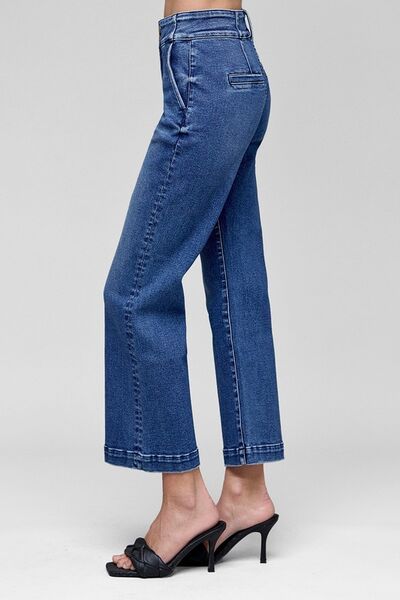 Side view of RISEN Tummy Control High Rise Crop Jeans, featuring a flattering fit and stylish crop length.