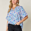 Printed V-Neck Short Sleeve Blouse | Full Size - Sky Blue