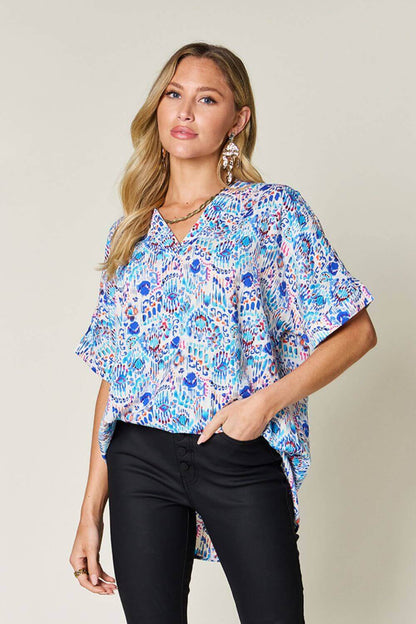 DOUBLE TAKE Full Size Printed V-Neck Short Sleeve Blouse at Bella Road