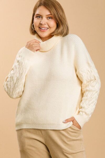 Plus size woman in a cozy cream turtle neck long sleeve sweater, perfect for winter fashion.