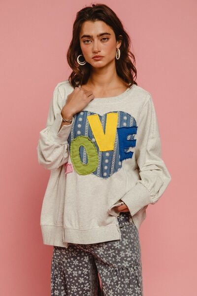 Charming BiBi LOVE heart patch sweatshirt with playful colors and cozy French terry fabric, perfect for casual wear.