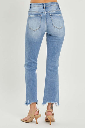 Risen Jeans frayed hem cropped straight jeans back view showcasing stylish and trendy design.