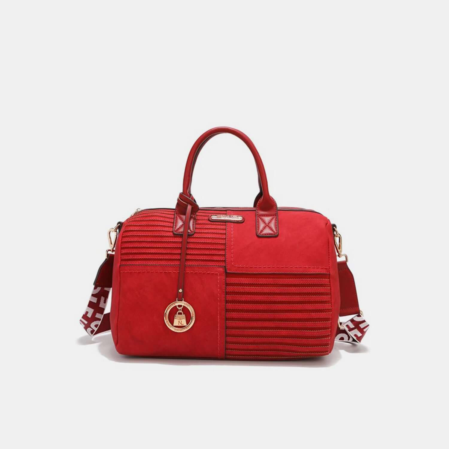 Nicole Lee USA red scallop stitched Boston bag with spacious interior and stylish detailing. Elegant and durable accessory.