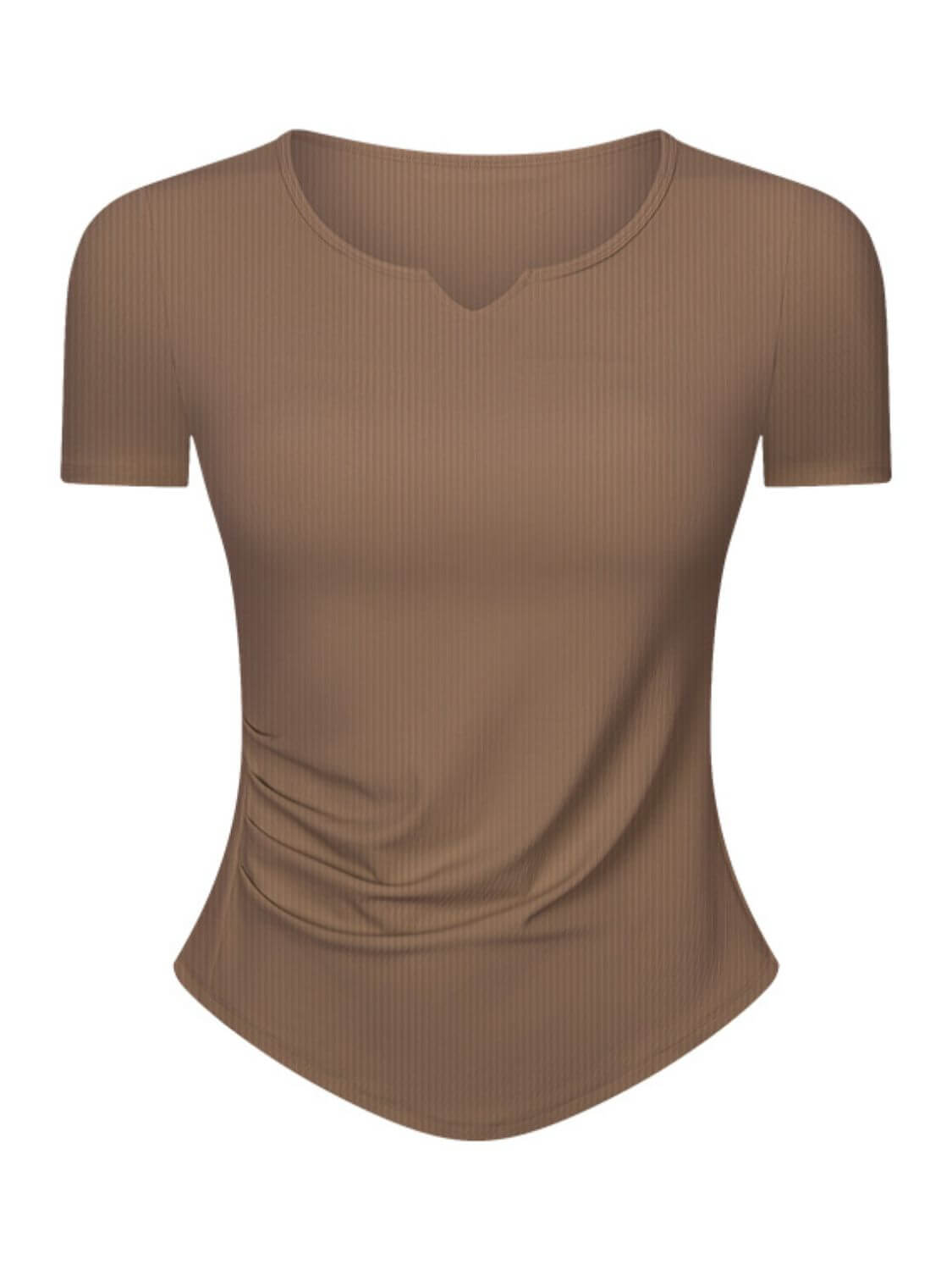 Millennia Notched Short Sleeve Active T-Shirt in brown, featuring a stylish notched neckline and comfortable fit for workouts.