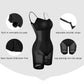 Black shapewear bodysuit with built-in bra pads, adjustable straps, open gusset, and non-slip leg openings for comfort and support.