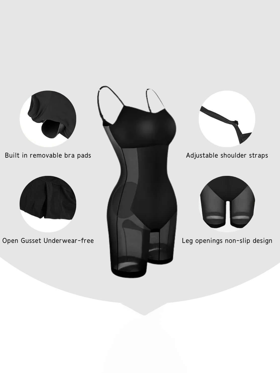 Black shapewear bodysuit with built-in bra pads, adjustable straps, open gusset, and non-slip leg openings for comfort and support.