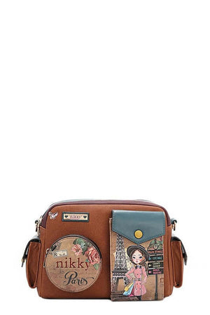 Nicole Lee USA Multi Pocket Messenger Bag in brown with stylish Paris-themed design and multiple storage pockets.