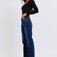 Woman wearing Judy Blue raw hem straight leg jeans and black top for a chic casual look.