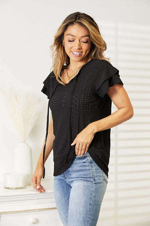 DOUBLE TAKE Eyelet Tie-Neck Flutter Sleeve Blouse at Bella Road