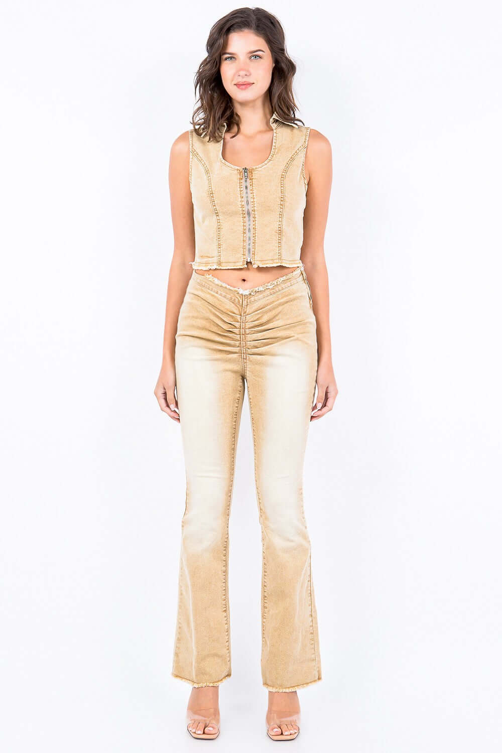 American Bazi V-Cut Ruched Flare Pants with side zipper closure and flare leg design, worn by a model for a chic retro-inspired look