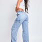 Woman wearing YMI Jeans High-Rise Straight Cargo Jeans with side cargo pockets and elastic waistband for a trendy high-waisted look.