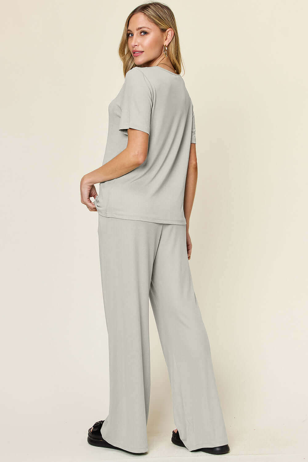 DOUBLE TAKE Full Size Round Neck Short Sleeve T-Shirt and Wide Leg Pants Set at Bella Road