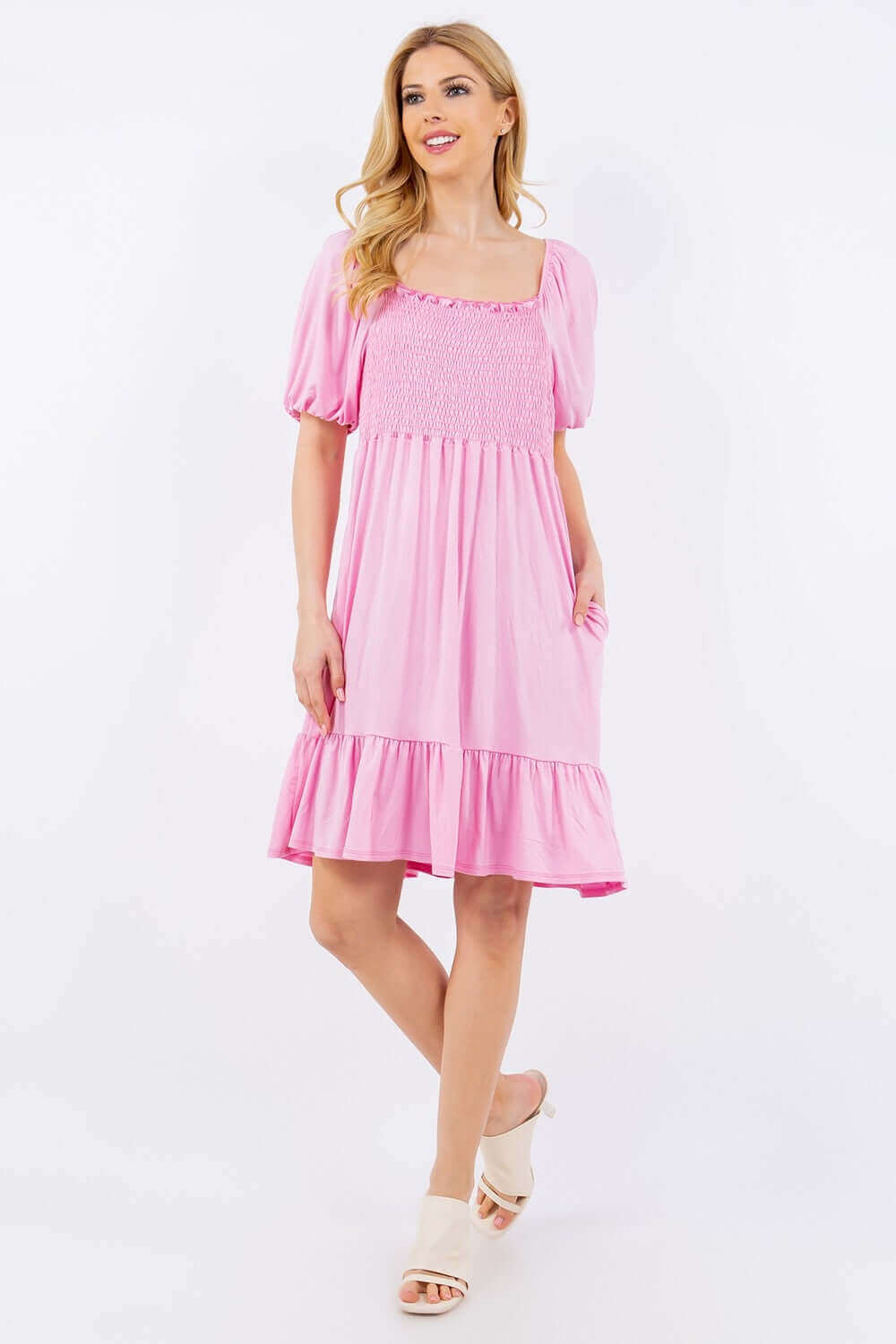 CELESTE Full Size Ruffle Hem Short Sleeve Smocked Dress at Bella Road