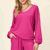 Texture V-Neck Long Sleeve T-Shirt and Shorts Set | Full Size - Hot Pink