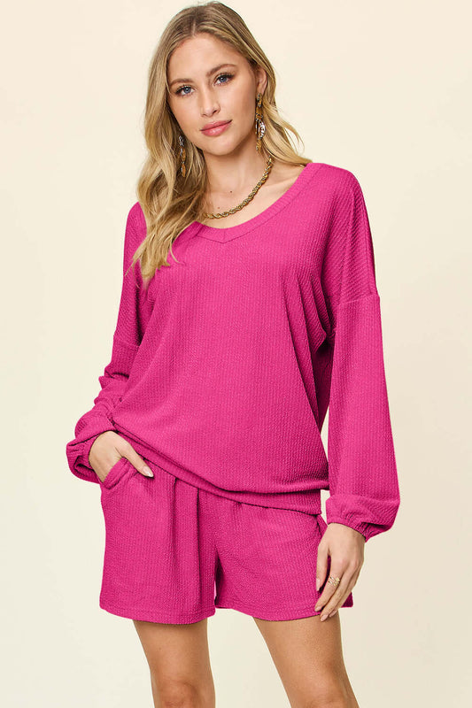 DOUBLE TAKE Full Size Texture V-Neck Long Sleeve T-Shirt and Shorts Set at Bella Road