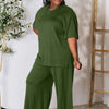 Round Neck Slit Top and Pants Set | Full Size - Army Green