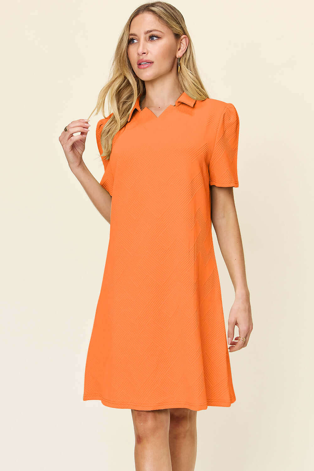 DOUBLE TAKE Full Size Texture Collared Neck Short Sleeve Dress at Bella Road