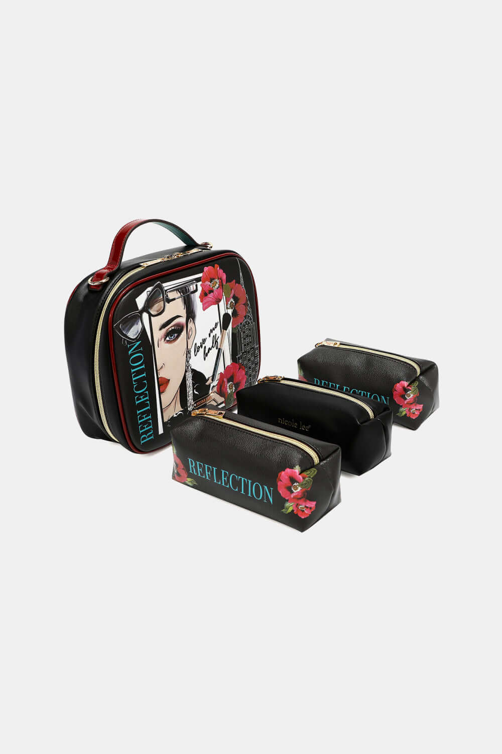 Nicole Lee USA printed handbag with three pouches made from pebbled and glossy patent leather, featuring a stylish and functional design