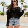 Fringe Trim Openwork Long Sleeve Cover-Up - Black