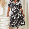 Printed Surplice Balloon Sleeve Dress - Black