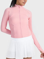 Millennia Zip-Up Long Sleeve Sports Jacket in Carnation Pink, stylish and functional for workouts and activities.