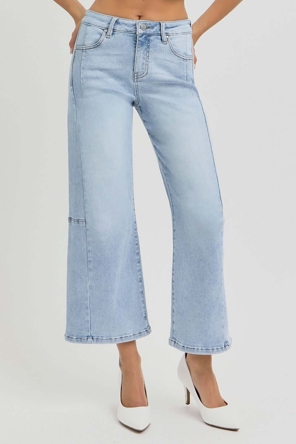 High rise seamed detail wide leg crop jeans with chic silhouette, perfect for versatile outfits with heels or flats.