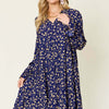 Printed Ruffle Hem Long Sleeve Dress | Full Size - Navy