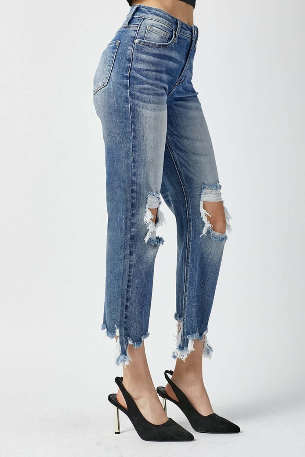 High Waist Distressed Frayed Hem Cropped Risen Jeans with Edgy Rips