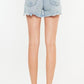 Back view of Kancan distressed high waist denim shorts with raw hem and pockets, showcasing a stylish fit.